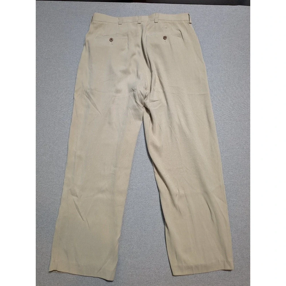 Roundtree & Yorke Caribbean Mens Pants Tan 34x29 100% Silk Herringbone Relaxed